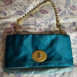 Authentic NWT Coach Ama fold over blue satin clutch